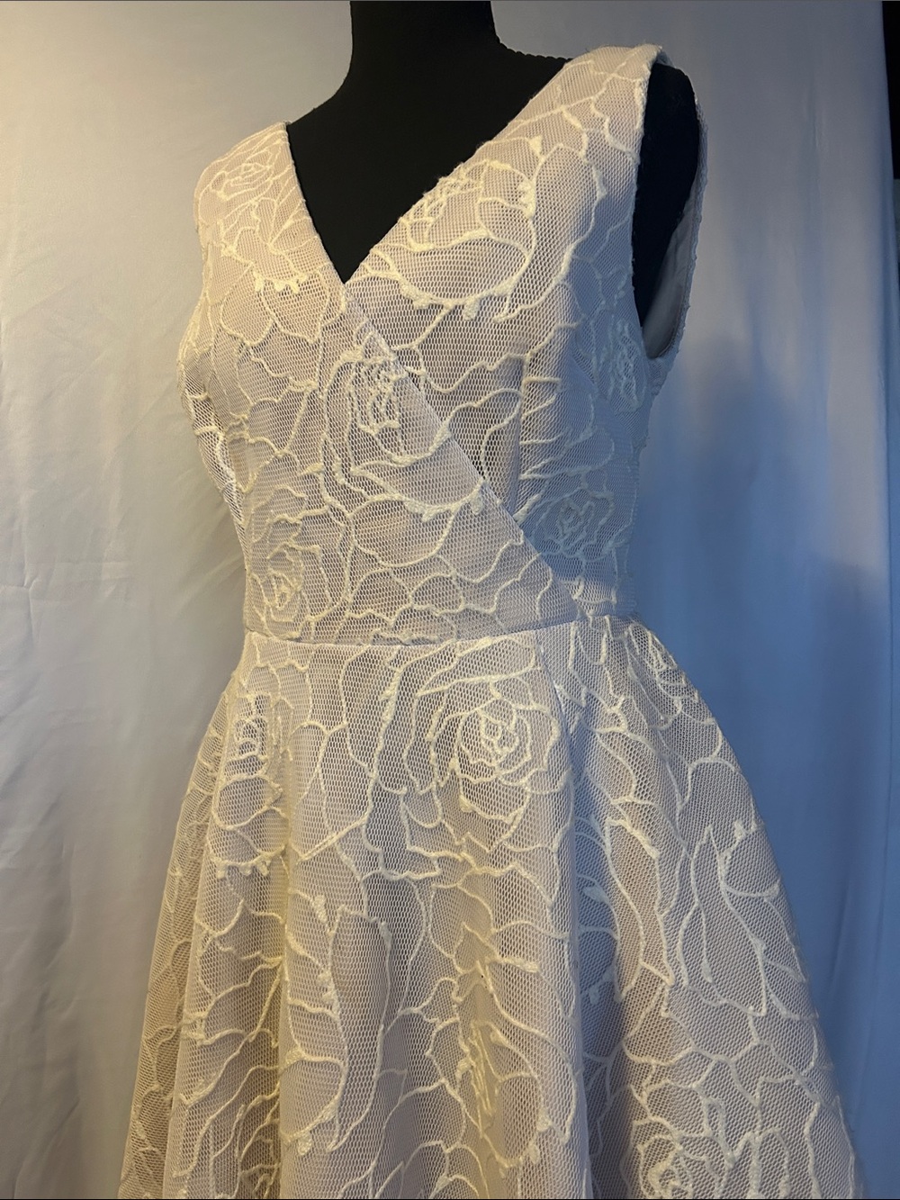 Adrianna Papell Ivory Floral Lace V-Neck Midi Dress